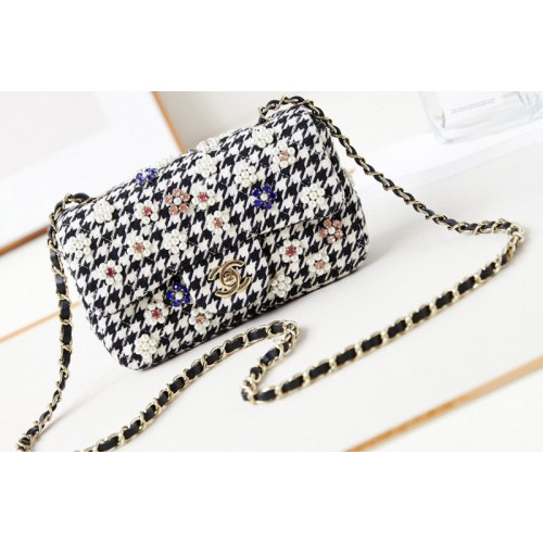 Chanel A69900 Mini Classic Handbag in Embroidered Tweed, Imitation Pearls, Strass
