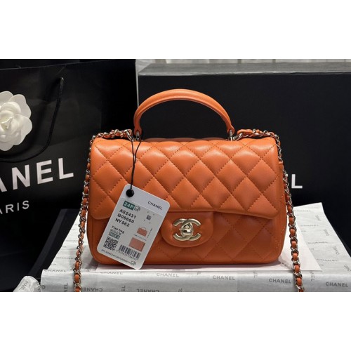 Chanel AS2431 Mini Flap handbag with top handle in Orange Leather Chanel AS2431 Mini Flap handbag with top handle in Orange Leather