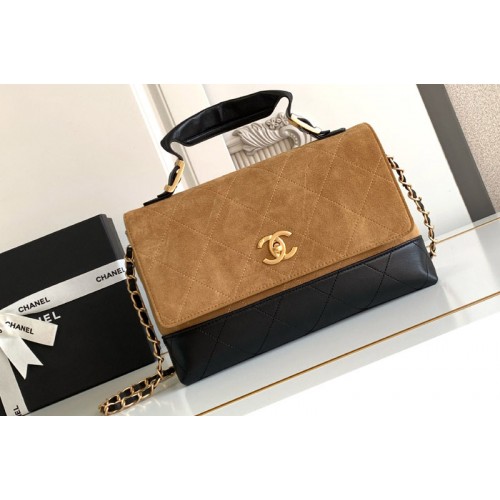Chanel AS5637 Large Flap Bag With Top Handle in Beige/Black Suede Chanel AS5637 Large Flap Bag With Top Handle in Beige/Black Suede