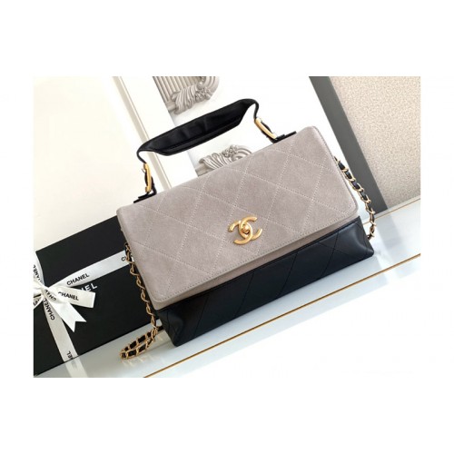 Chanel AS5637  Large Flap Bag With Top Handle in Gray/Black Suede