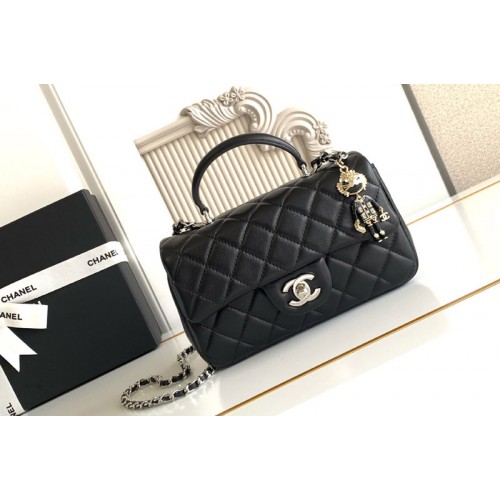 Chanel Mini Flap Bag With Top Handle In Black Leather