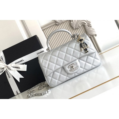Chanel Mini Flap Bag With Top Handle In Silver Leather