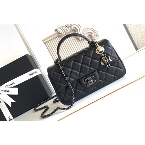 Chanel Mini Flap Bag With Top Handle In Black Leather