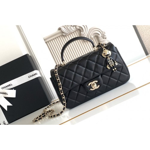 Chanel Mini Flap Bag With Top Handle In Black Leather
