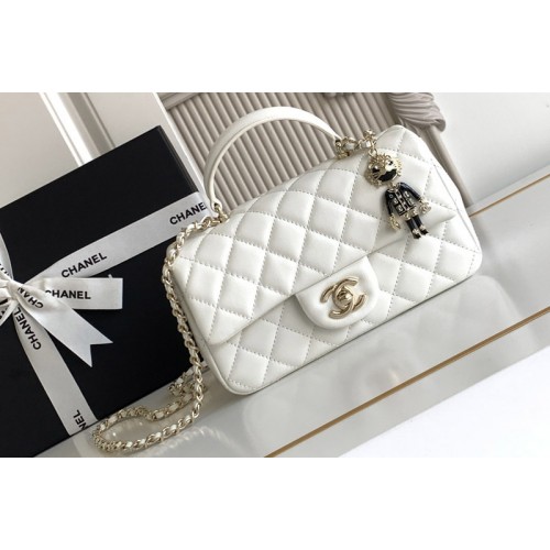 Chanel Mini Flap Bag With Top Handle In White Leather
