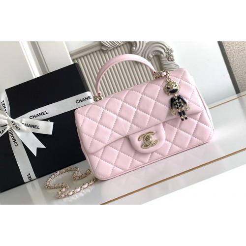 Chanel Mini Flap Bag With Top Handle In Pink Leather
