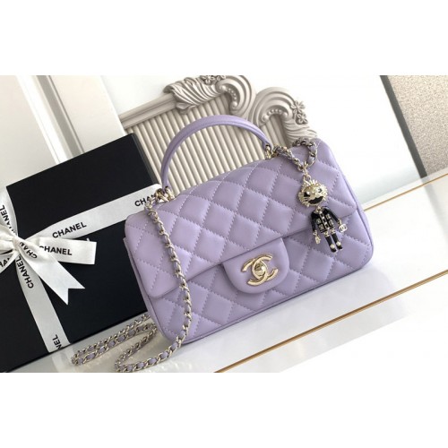 Chanel Mini Flap Bag With Top Handle In Purple Leather
