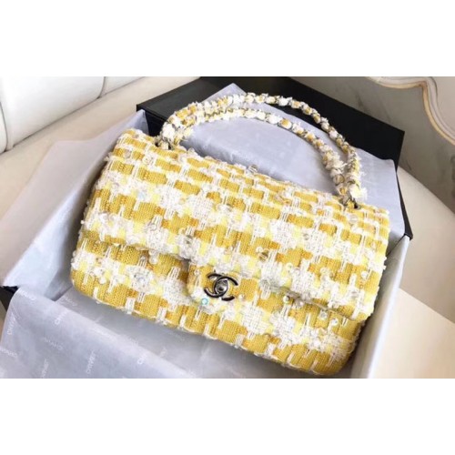 Chanel Classic Handbag Embroidered Tweed & Silver-Tone Metal A01112 Yellow&White