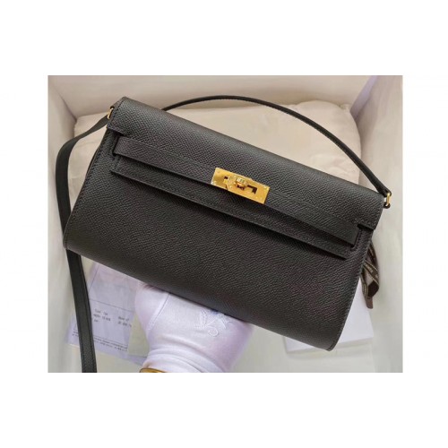 Hermes Kelly Classique To Go Woc Wallet In Black Epsom Leather With Gold Buckle