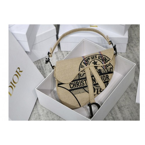 Dior M0446 Christian Dior Saddle bag in Beige Jute Canvas Embroidered with Dior Union Motif