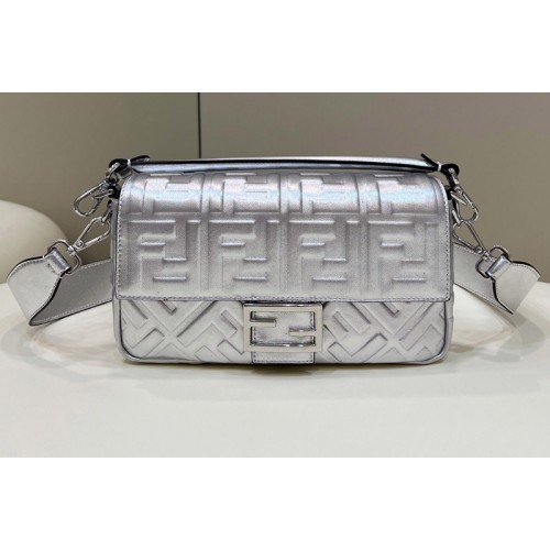 Fendi 8BR600 Baguette medium bag in Silver nappa leather bag