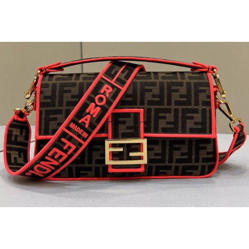 Fendi 8BH600 medium Baguette bag in Brown fabric With Red