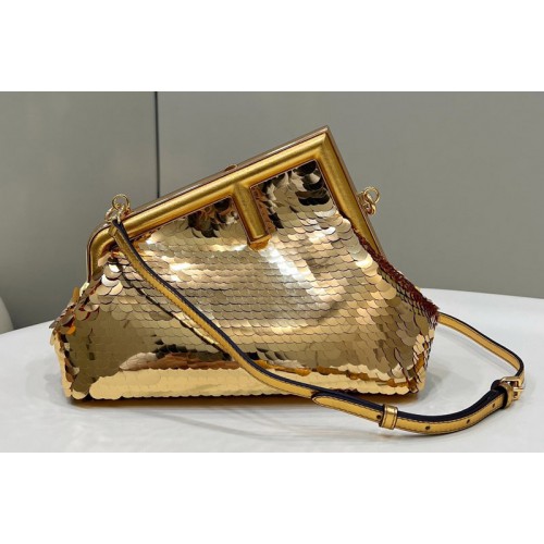 Fendi 8BP129 Fendi First Small Bag in Gold-colored leather and sequinned