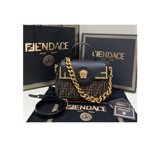Fendi x Versace DBFI039 Fendace La Medusa Medium Handbag in FF Canvas with Fendace Gold Baroque print