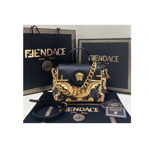 Fendi x Versace DBFI039 Fendace La Medusa Medium Handbag in Black Leather with Fendace Gold Baroque print