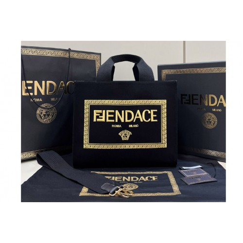 Fendi & 038  Versace 8BH395 Fendace Small Shopping Tote Bag in Fendace Embroidered black canvas