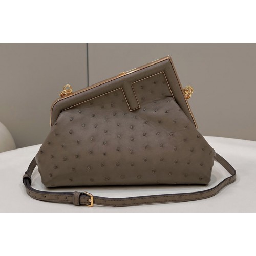 Fendi 8BP129 Fendi First Small Bag in Dark Gray ostrich leather