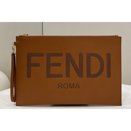 Fendi 8N0178 Roma Large Flat Pouch in Brown leather