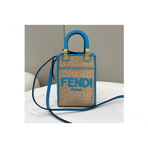 Fendi 8BS051 Mini Sunshine Shopper tote Bag in Beige raffia With Blue Fendi 8BS051 Mini Sunshine Shopper tote Bag in Beige raffia With Blue