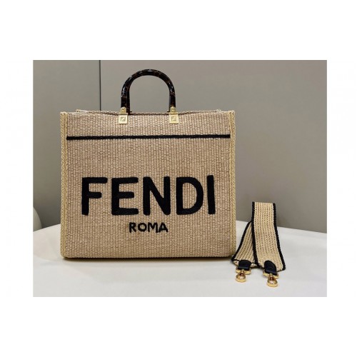 Fendi 8BH386 Medium Sunshine shopper Tote Bag in Beige and black straw Fendi 8BH386 Medium Sunshine shopper Tote Bag in Beige and black straw