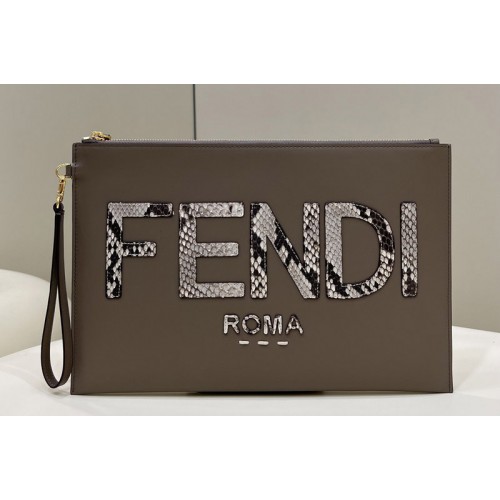 Fendi 8N0178 Large Flat Pouch in Dark gray leather