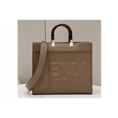 Fendi 8BH386 Medium Sunshine shopper Bag in Khaki leather shopper with decorative stitching