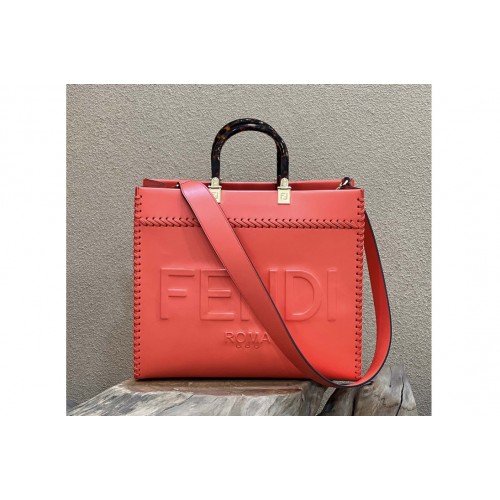 Fendi 8BH386 Medium Sunshine shopper Bag in Red leather shopper with decorative stitching