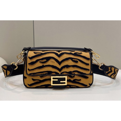Fendi 8BR600 Baguette medium bag in Black Yellow jacquard fabric featuring a Tiger motif