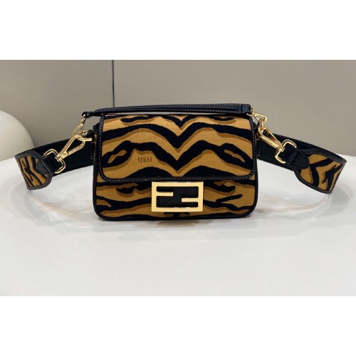 Fendi 8BS017 Baguette medium bag in Black Yellow jacquard fabric featuring a Tiger motif