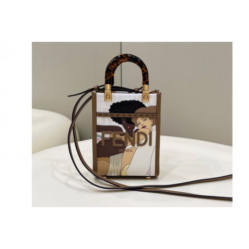 Fendi 8BS051 Mini Sunshine Shopper bag in White FF printed fabric