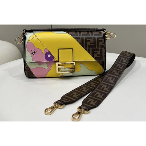 Fendi 8BR600 medium Baguette bag in FF glazed fabric bag with inlay
