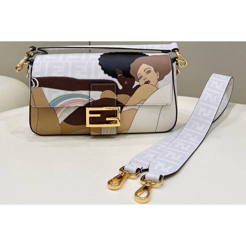 Fendi 8BR600 medium Baguette bag in FF white glazed fabric bag with inlay