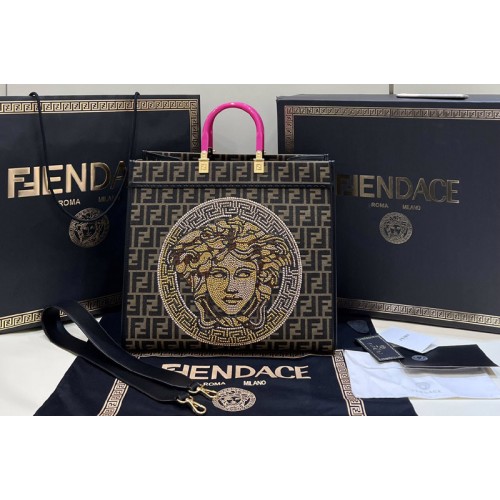 Fendi& 038 Versace Fendace Sunshine Medium shopper Tote Bag in Brown FF jacquard fabric