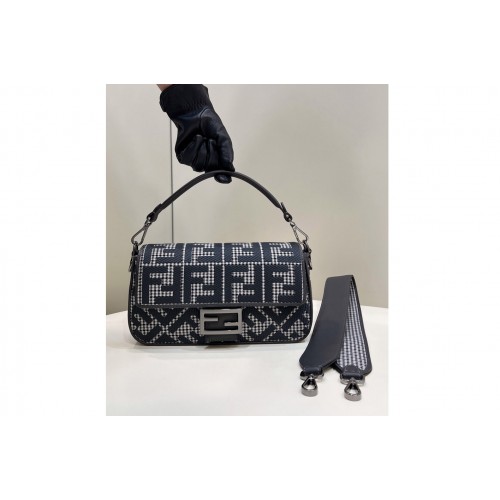 Fendi 8BS017 Baguette Mini bag in Blue houndstooth wool with FF embroidery Fendi 8BS017 Baguette Mini bag in Blue houndstooth wool with FF embroidery