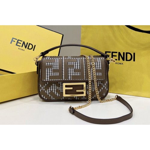 Fendi 8BS017 Baguette Mini bag in Brown houndstooth wool with FF embroidery