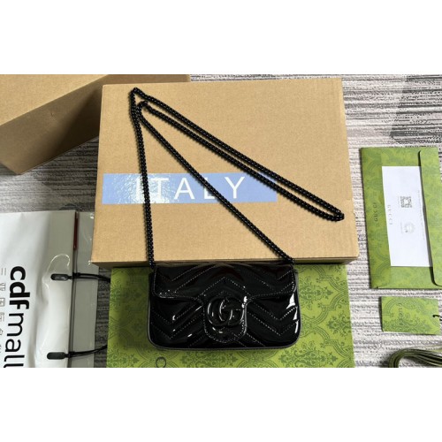 Gucci marmont patent Super Mini Shoulder Bag in Patent black matelasse chevron leather