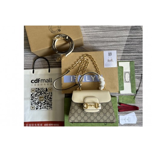 Gucci ‎ Horsebit 1955 mini bag in Beige and ebony Supreme canvas With White Leather