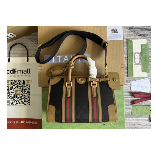 Gucci Bauletto Small top handle bag in Black Canvas With Brown Leather Gucci Bauletto Small top handle bag in Black Canvas With Brown Leather