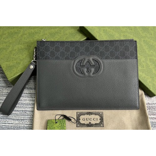 Gucci Pouch With Cut Out Interlocking G Bag in Black and Grey Supreme canvas