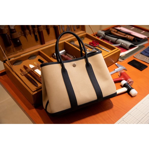Hermes Garden Party 30 bag in White Black Canvas and Leather