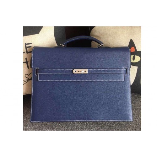 Hermes Kelly Depeche 37mm Briefcase Bags Original Togo Leather Royal Blue