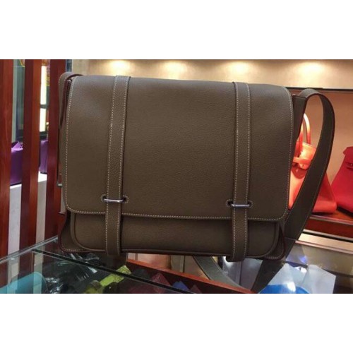 Mens Hermes Steve 32cm Messenger Bags Original Togo Leather Elephant Gray