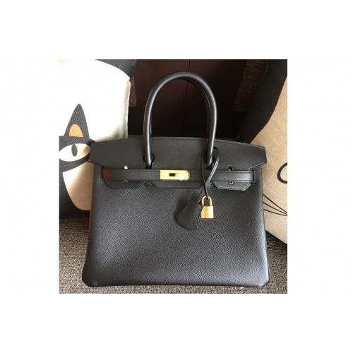 Hermes Birkin 30 Tote Bags Full Handstitched in Black Epsom Leather With Gold Buckle