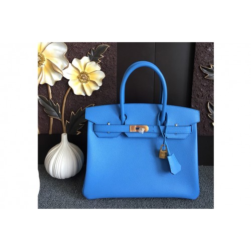 Hermes Birkin 30 Tote Bags Full Handstitched in Blue Epsom Leather With Gold Buckle