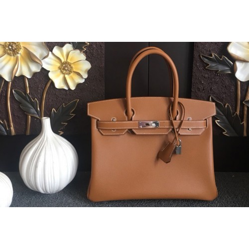 Hermes Birkin 30 Tote Bags Full Handstitched in Brown Epsom Leather With Silver Buckle