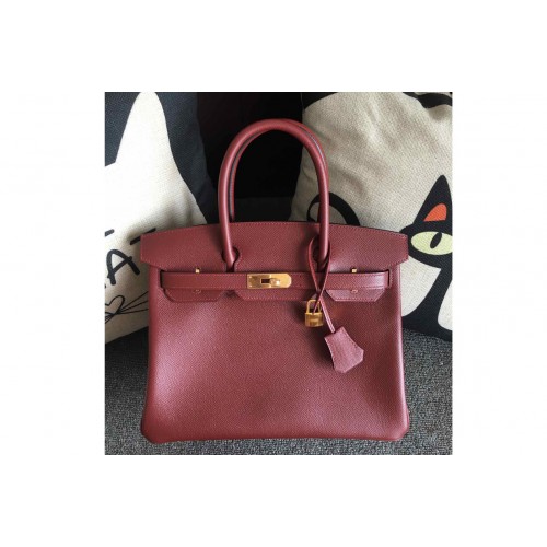 Hermes Birkin 30 Tote Bags Full Handstitched in Bordeaux Epsom Leather With Gold Buckle