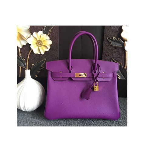Hermes Birkin 30 Tote Bags Full Handstitched in Purple Epsom Leather With Gold Buckle