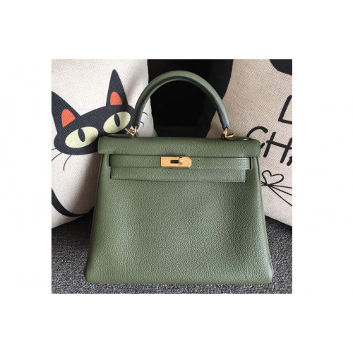 Hermes Kelly 28cm Bag Full Handmade in Original Green Togo Leather With Gold Buckle