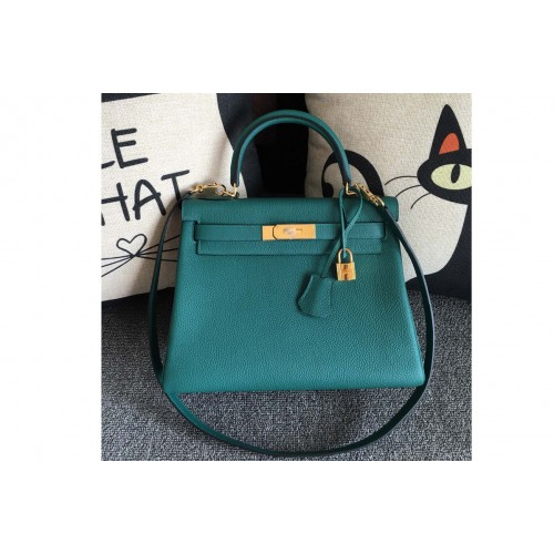 Hermes Kelly 28cm Bag Full Handmade in Original Green Togo Leather With Gold Buckle