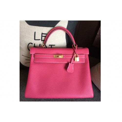 Hermes Kelly 28cm Bag Full Handmade in Original Raspberry Togo Leather With Gold Buckle